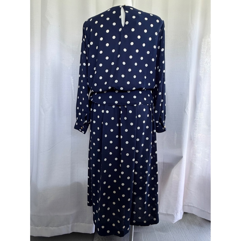 Vintage Chaus Navy Blue Polka Dot Skirt Set 2 Piece Blouse Midi Skirt Women 16 - Picture 4 of 7